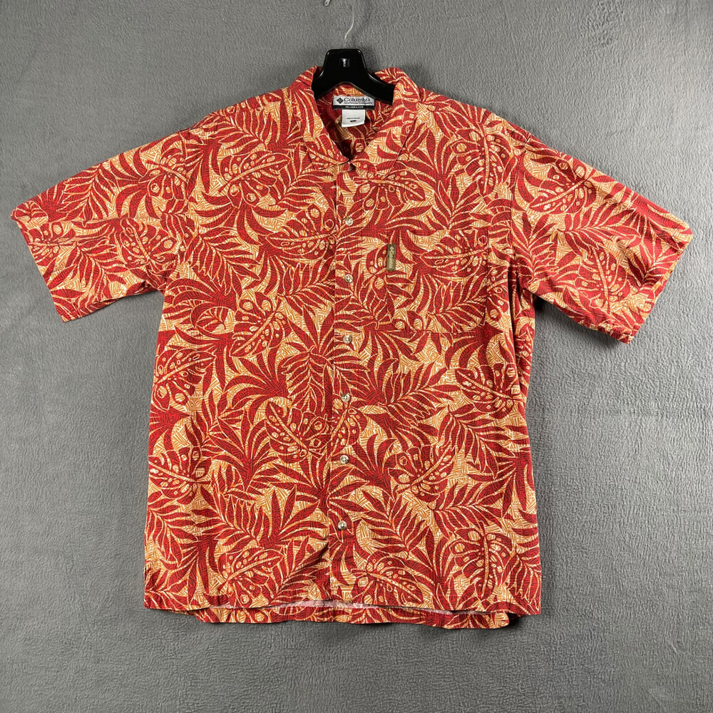 Columbia Button Down S/S Mens Hawaiian Shirt Size Large Orange Palms Camp Dad